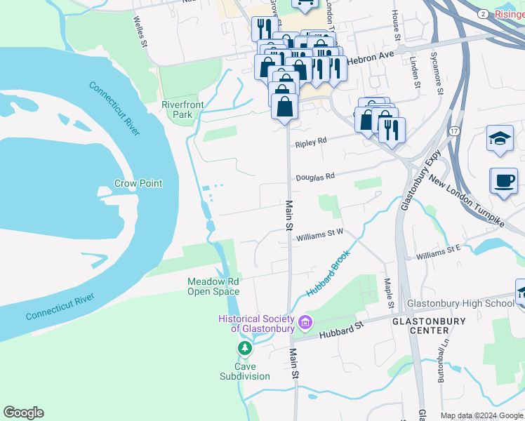 map of restaurants, bars, coffee shops, grocery stores, and more near 2113 Main Street in Glastonbury