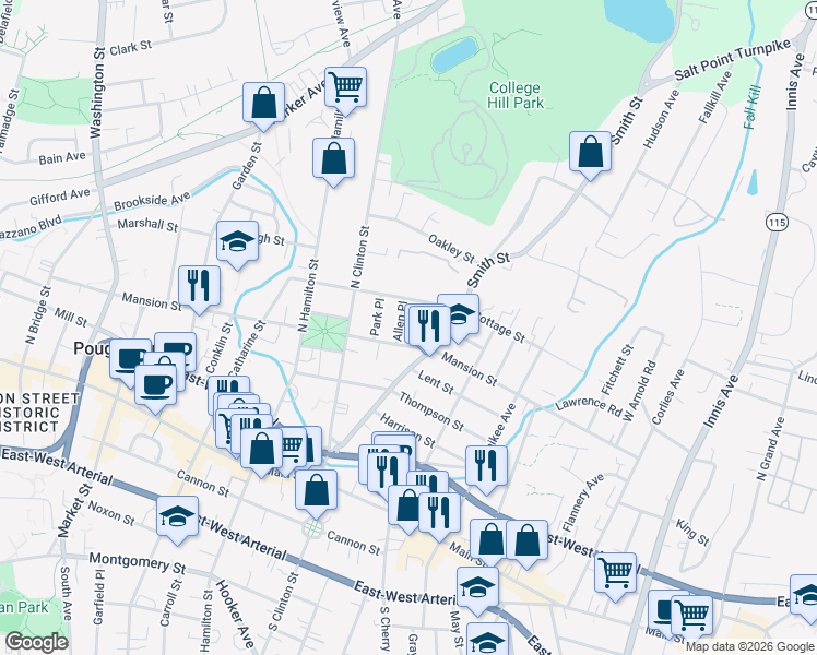 map of restaurants, bars, coffee shops, grocery stores, and more near 253 Mansion Street in Poughkeepsie