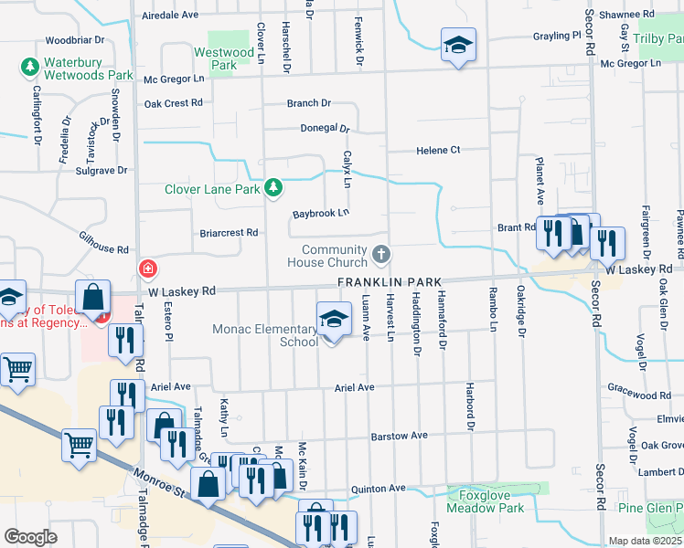 map of restaurants, bars, coffee shops, grocery stores, and more near 3750 West Laskey Road in Toledo