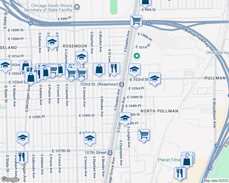 map of restaurants, bars, coffee shops, grocery stores, and more near 557 East 103rd Place in Chicago