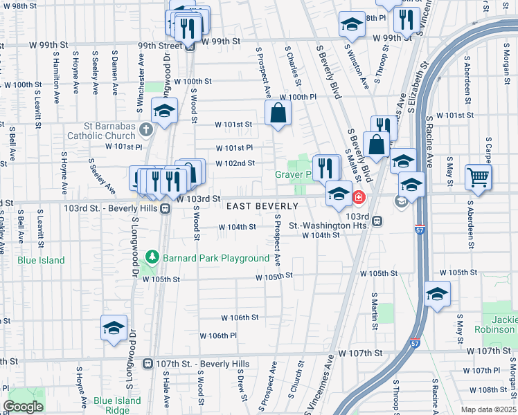 map of restaurants, bars, coffee shops, grocery stores, and more near 1625A West 103rd Street in Chicago