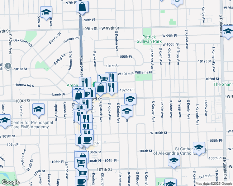 map of restaurants, bars, coffee shops, grocery stores, and more near 4560 103rd Street in Oak Lawn