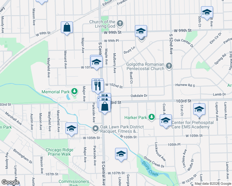 map of restaurants, bars, coffee shops, grocery stores, and more near 5536 Oakdale Drive in Oak Lawn