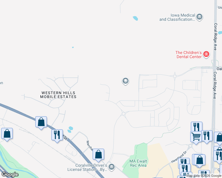 map of restaurants, bars, coffee shops, grocery stores, and more near Jones Boulevard in Coralville