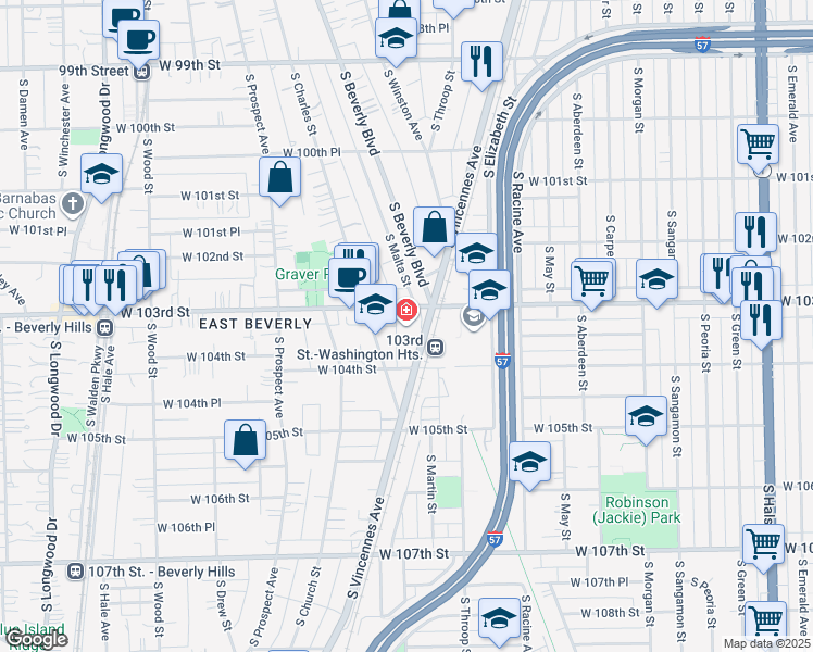 map of restaurants, bars, coffee shops, grocery stores, and more near 1357 West 103rd Street in Chicago