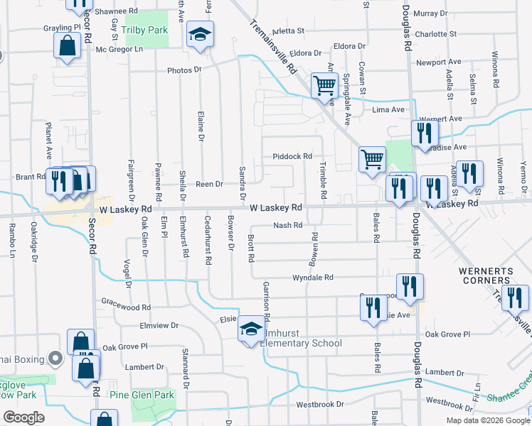 map of restaurants, bars, coffee shops, grocery stores, and more near 2841 West Laskey Road in Toledo