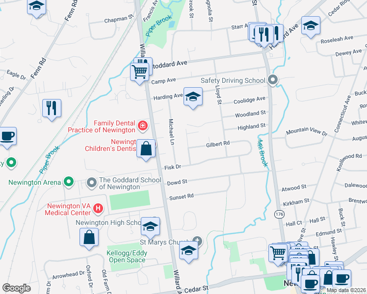 map of restaurants, bars, coffee shops, grocery stores, and more near 28 Michael Lane in Newington