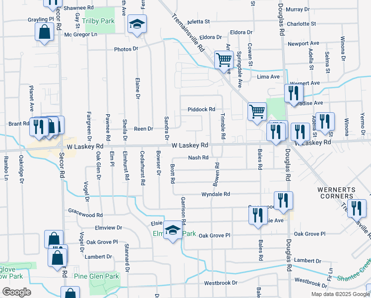 map of restaurants, bars, coffee shops, grocery stores, and more near 2841 West Laskey Road in Toledo