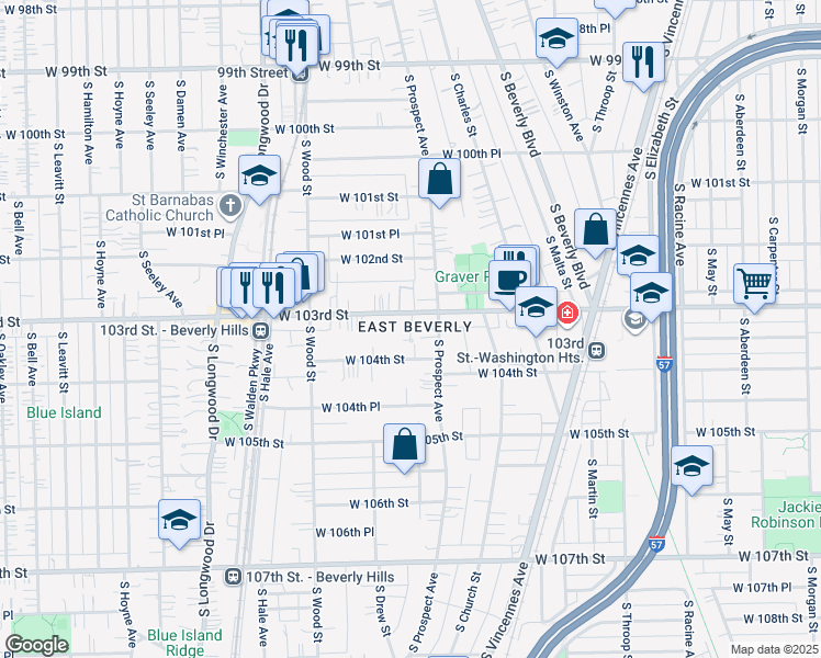 map of restaurants, bars, coffee shops, grocery stores, and more near 1625A West 103rd Street in Chicago