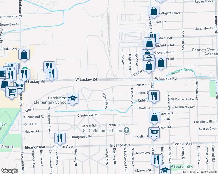 map of restaurants, bars, coffee shops, grocery stores, and more near 1256 Slater Street in Toledo