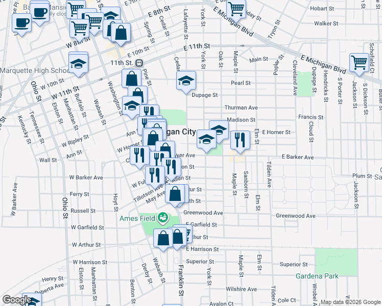 map of restaurants, bars, coffee shops, grocery stores, and more near 201 East Barker Avenue in Michigan City