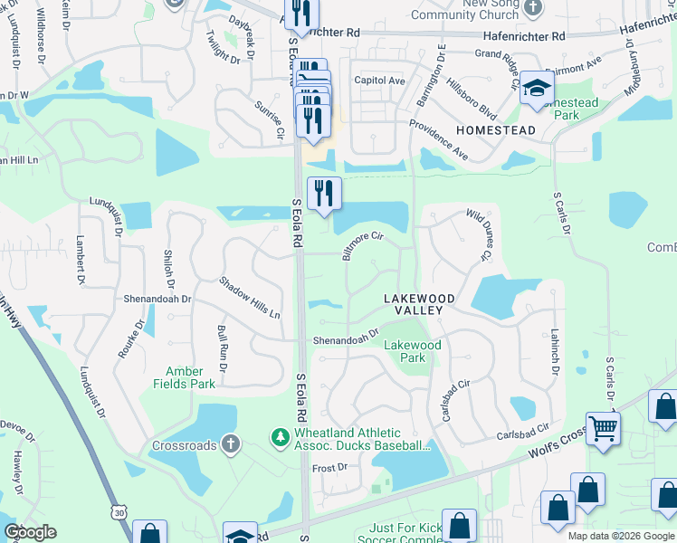map of restaurants, bars, coffee shops, grocery stores, and more near 2440 Biltmore Circle in Aurora