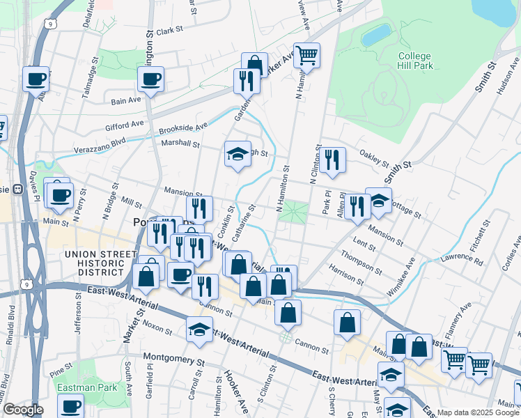 map of restaurants, bars, coffee shops, grocery stores, and more near 148 Mansion Street in Poughkeepsie