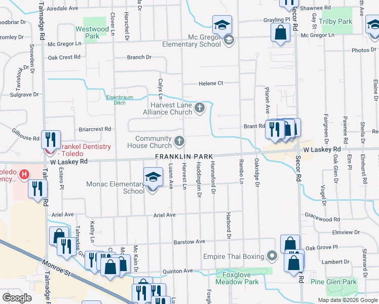 map of restaurants, bars, coffee shops, grocery stores, and more near 3638 West Laskey Road in Toledo