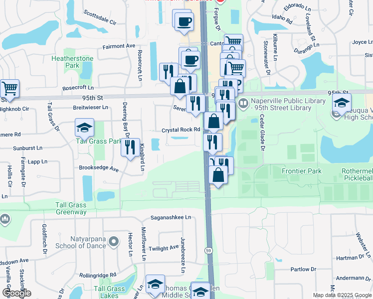 map of restaurants, bars, coffee shops, grocery stores, and more near 3258 Cool Springs Court in Naperville