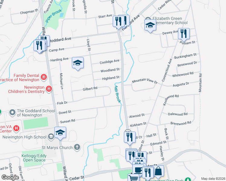 map of restaurants, bars, coffee shops, grocery stores, and more near 1 Fisk Drive in Newington