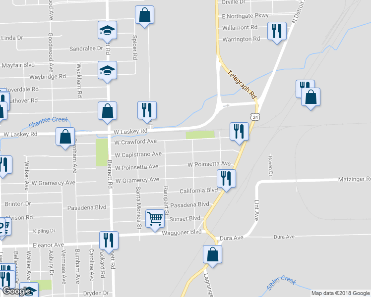 map of restaurants, bars, coffee shops, grocery stores, and more near 114 West Capistrano Avenue in Toledo