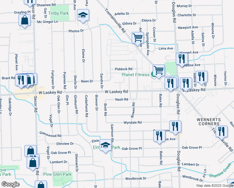 map of restaurants, bars, coffee shops, grocery stores, and more near 2841 West Laskey Road in Toledo