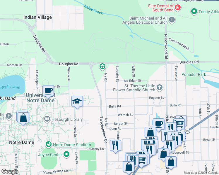 map of restaurants, bars, coffee shops, grocery stores, and more near 18401-18499 Bailey Avenue in South Bend