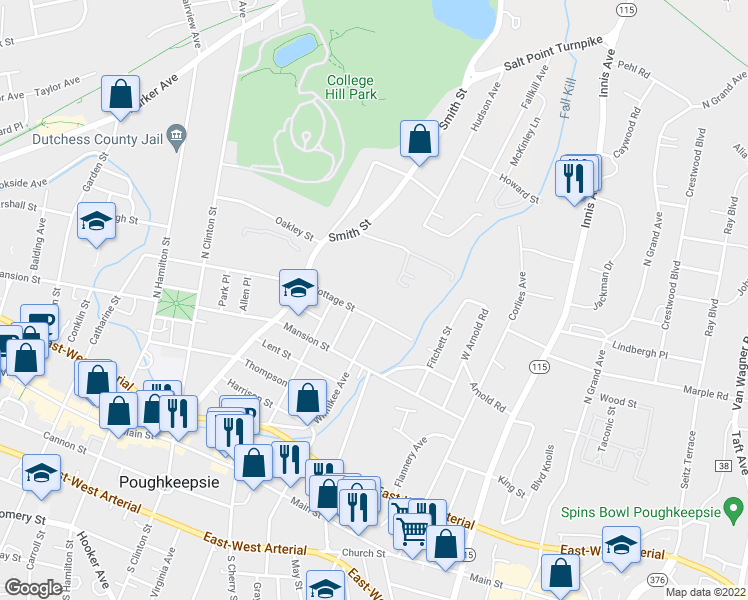 map of restaurants, bars, coffee shops, grocery stores, and more near 194 Cottage Street in Poughkeepsie