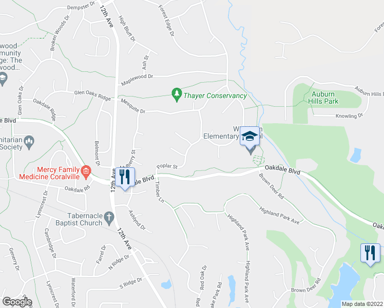 map of restaurants, bars, coffee shops, grocery stores, and more near 2311 Poplar Street in Coralville