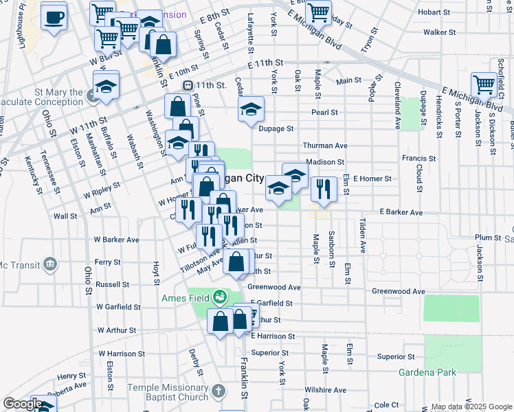 map of restaurants, bars, coffee shops, grocery stores, and more near 201 East Barker Avenue in Michigan City