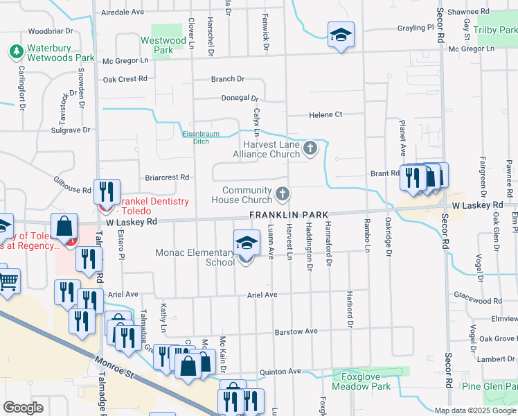 map of restaurants, bars, coffee shops, grocery stores, and more near 3750 West Laskey Road in Toledo
