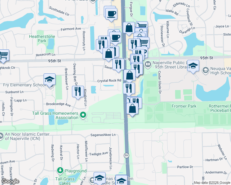 map of restaurants, bars, coffee shops, grocery stores, and more near 3258 Cool Springs Court in Naperville