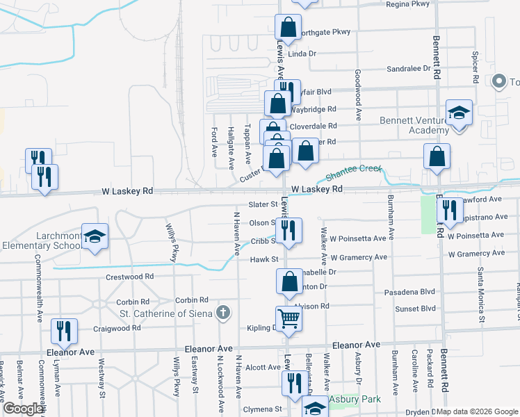 map of restaurants, bars, coffee shops, grocery stores, and more near 1105 Slater Street in Toledo