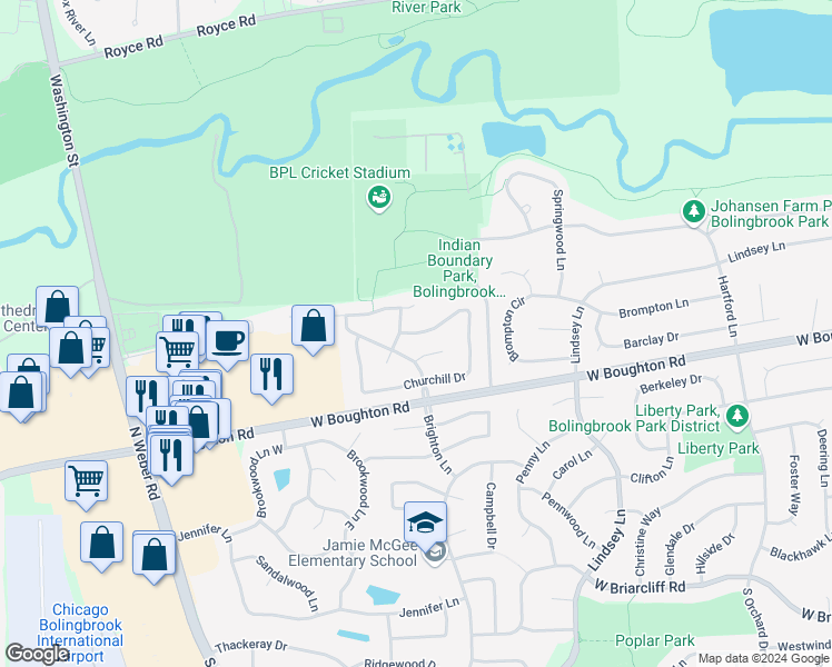 map of restaurants, bars, coffee shops, grocery stores, and more near 1006 Churchill Drive in Bolingbrook
