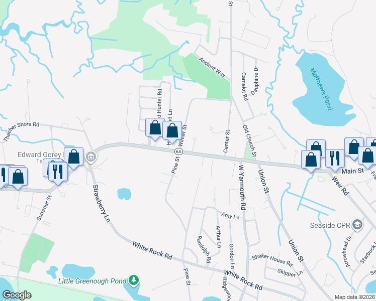 map of restaurants, bars, coffee shops, grocery stores, and more near 390 Main Street in Yarmouth