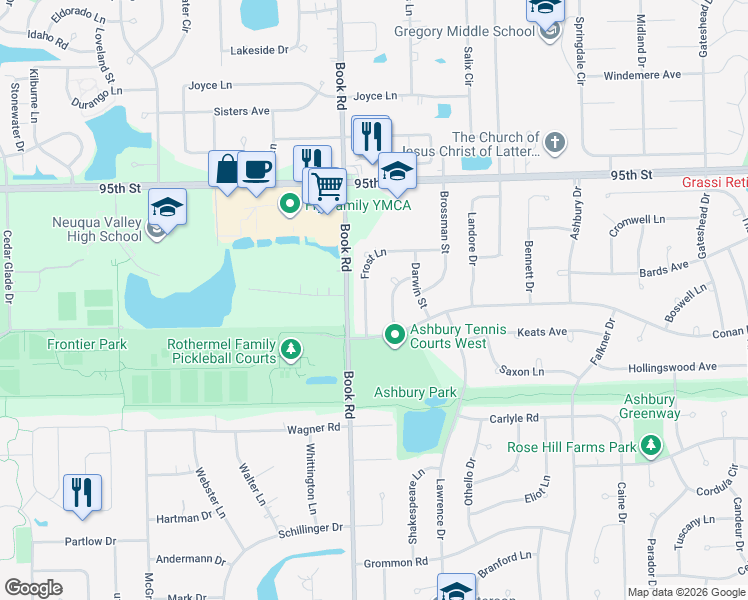 map of restaurants, bars, coffee shops, grocery stores, and more near 3239 Barnes Lane in Naperville