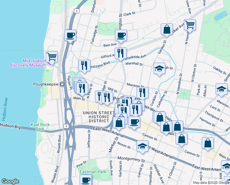 map of restaurants, bars, coffee shops, grocery stores, and more near 224 Mill Street in Poughkeepsie