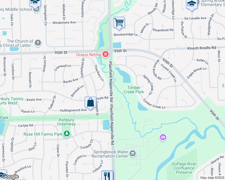 map of restaurants, bars, coffee shops, grocery stores, and more near 9765 Plainfield-Naperville Road in Naperville