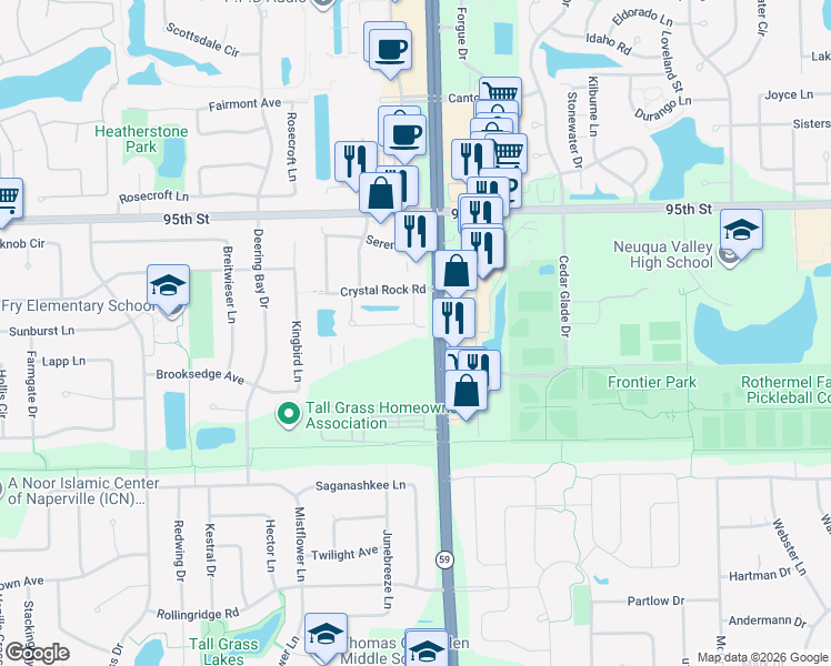 map of restaurants, bars, coffee shops, grocery stores, and more near 3240 Cool Springs Court in Naperville