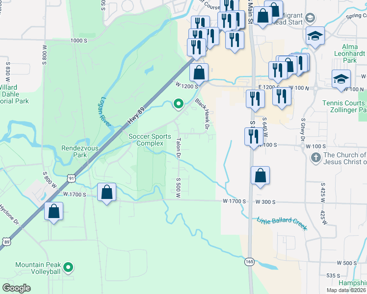 map of restaurants, bars, coffee shops, grocery stores, and more near 214 West 1458 South in Logan