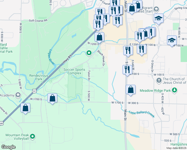 map of restaurants, bars, coffee shops, grocery stores, and more near 214 West 1458 South in Logan