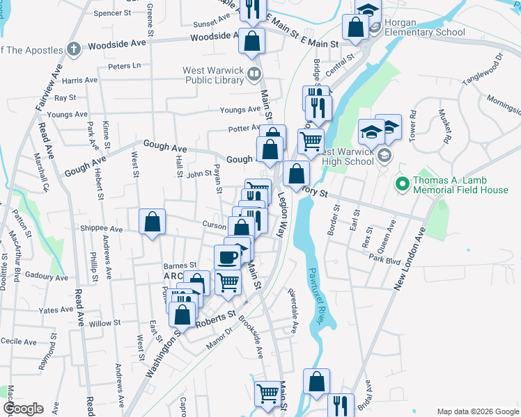 map of restaurants, bars, coffee shops, grocery stores, and more near 5 Weaver Street in West Warwick