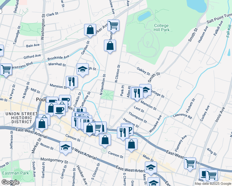map of restaurants, bars, coffee shops, grocery stores, and more near 201 Mansion Street in Poughkeepsie