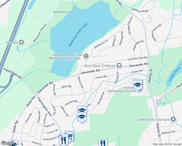 map of restaurants, bars, coffee shops, grocery stores, and more near 288 Alexander Road in New Britain