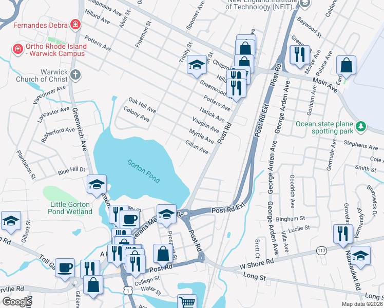 map of restaurants, bars, coffee shops, grocery stores, and more near 230 Burt Street in Warwick