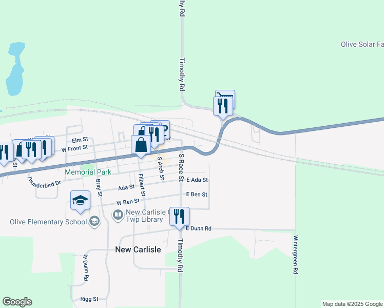 map of restaurants, bars, coffee shops, grocery stores, and more near 302 East Michigan Street in Rolling Prairie