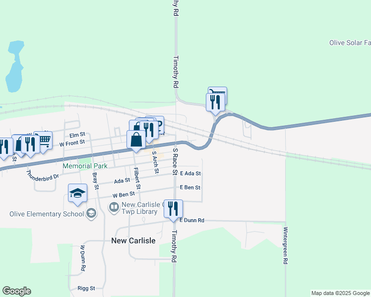 map of restaurants, bars, coffee shops, grocery stores, and more near 302 East Michigan Street in Rolling Prairie