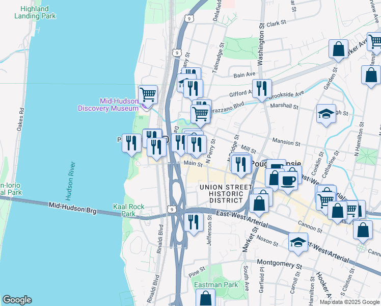map of restaurants, bars, coffee shops, grocery stores, and more near 12 North Clover Street in Poughkeepsie