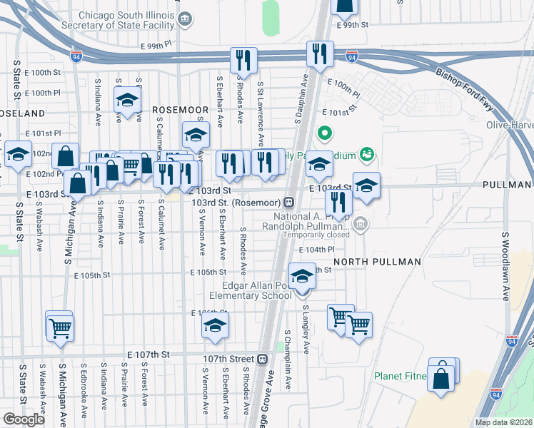 map of restaurants, bars, coffee shops, grocery stores, and more near 607 East 103rd Place in Chicago