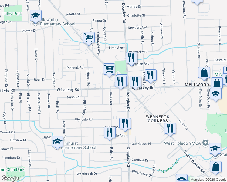 map of restaurants, bars, coffee shops, grocery stores, and more near 4937 Roywood Road in Toledo