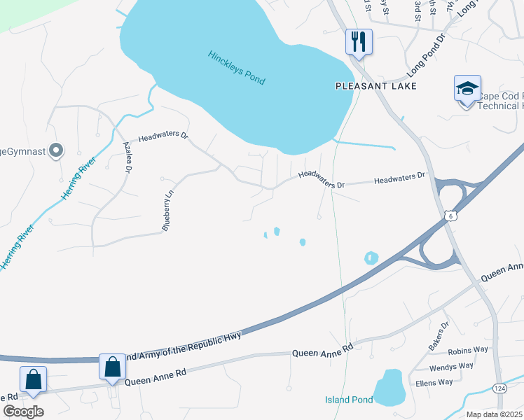 map of restaurants, bars, coffee shops, grocery stores, and more near 111 Headwaters Drive in Harwich