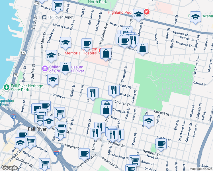 map of restaurants, bars, coffee shops, grocery stores, and more near 77 Hanover Street in Fall River