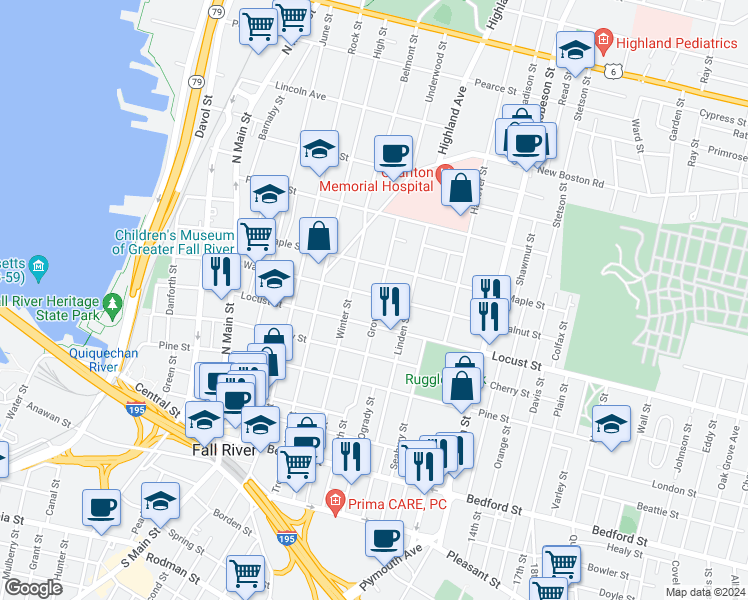 map of restaurants, bars, coffee shops, grocery stores, and more near 599 Walnut Street in Fall River