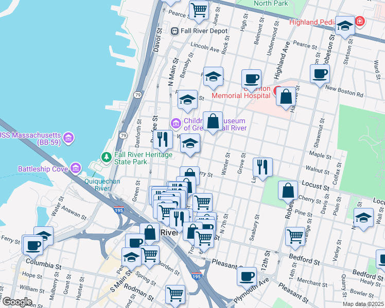 map of restaurants, bars, coffee shops, grocery stores, and more near 290 Rock Street in Fall River